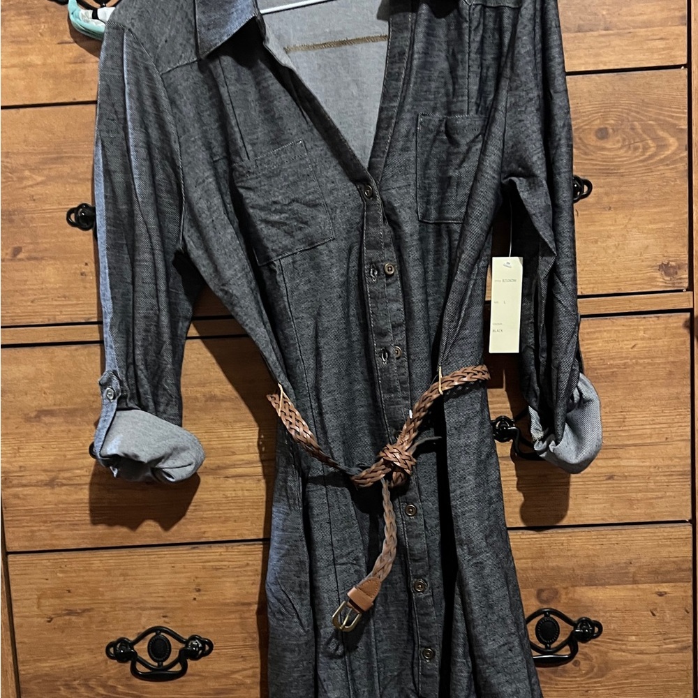 Gray Button-Up Dress with Belt